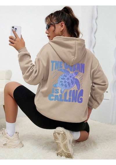 Uyguntarz Unisex The Ocean İs Calling Baskılı Tasarım Oversize Sweatshirt Bej