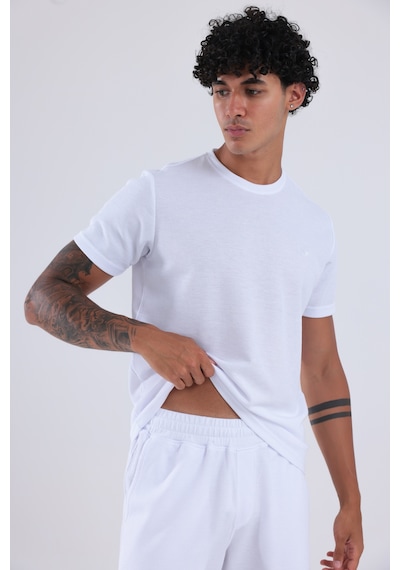 Rowinger Waffle Dokulu Nakış Logo Detaylı Oversize Erkek T-shirt Beyaz