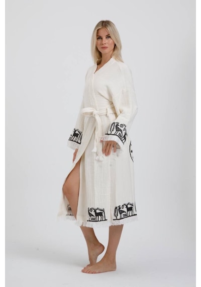 Befera Hitit Müslin Kimono Pamuklu Lotus Baskılı Desenli Bornoz Kaftan Sabahlık Ekru