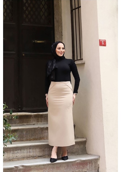 Kumaş Kalem Etek Ekru Çok Renkli