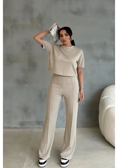Thiff Gymwear Modal Kumaş Yüksek Bel Pantolon Crop & Pantolon Takım Bej