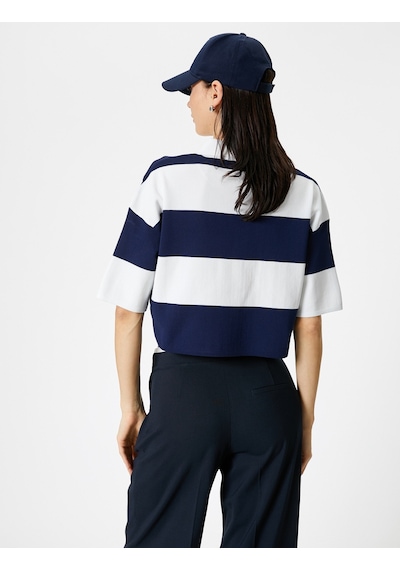 Koton Polo Yaka Kazak Oversize Kısa Kollu Lacivert Çizgili 4sak90104ht Lacivert