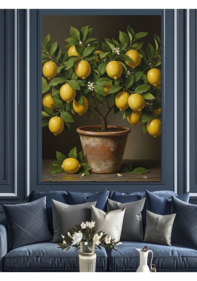 Ahşap Tablo Limon Ağacı Saksı Meyveler