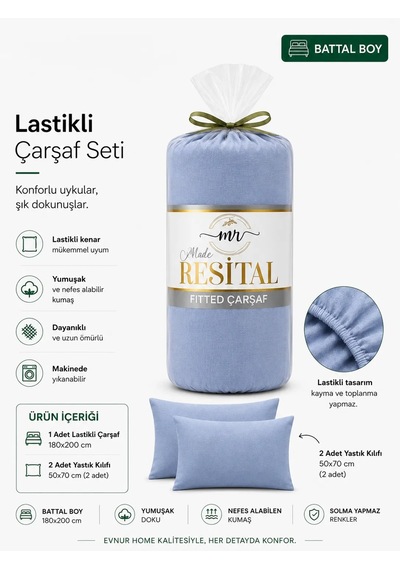 Resital Lastikli Çarşaf Seti Battal Boy Mavi