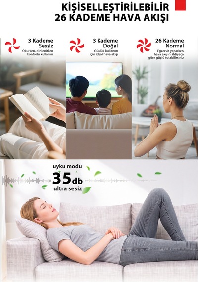 26 Hız Kademesi Ultra Sessiz Motor 9 Kanatlı Kumandalı Vantilatör F-dse70cıs W