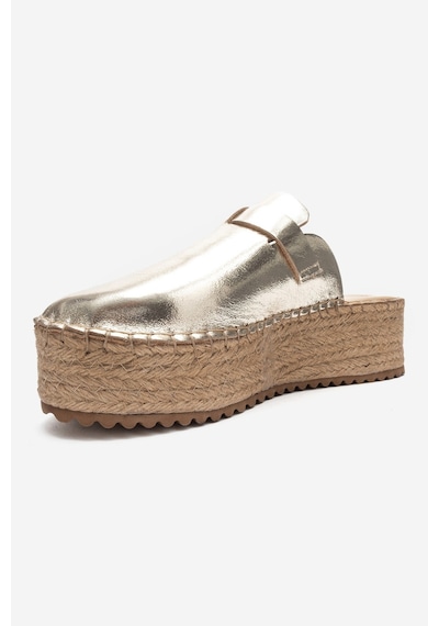 Luvishoes Novas Altın Hakiki Deri Burnu Kapalı Hasır Dolgu Taban Terlik Altın
