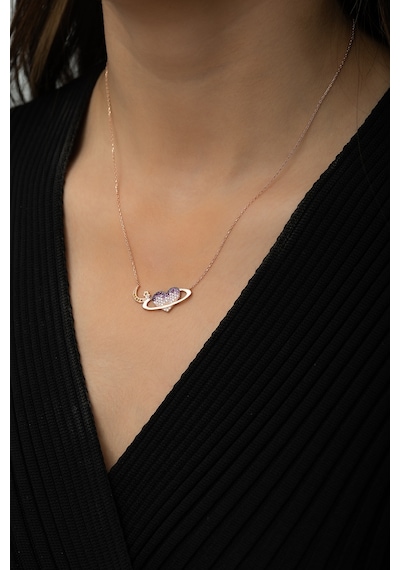 Papatya Silver Satürn Kuşaklı Kalp Ay Yıldız Bayrak Kolye Rose Gold Kaplama 925 Ayar Gümüş, UVPS100491