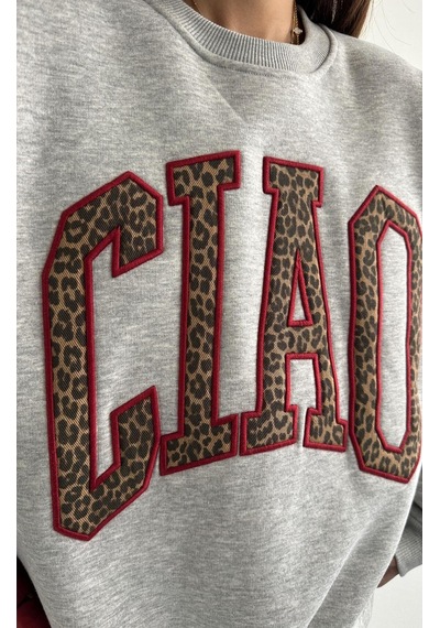 Fashion Friends Cıao Büyük Fontlu Leopar Desen Yazılı Salaş Bol Kadın Kışlık Ofis Kolej Sweat Gri Fashion Friends Cıao Büyük Fontlu Leopar Desen Yazılı Salaş Bol Kadın Kışlık Ofis Kolej Sweat Gri