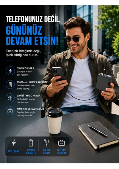 10000mah 35w Hızlı Şarj Powerbank Lcd Ekran 1x Usb + 1x Type-c Type-c Kablolu Çıkışlı Açık Gri