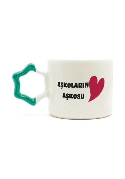 Mor Mürekkep Aşkoların Aşkosu Baskılı Yeşil Kulplu Yıldız Sevgililer Günü Kupası