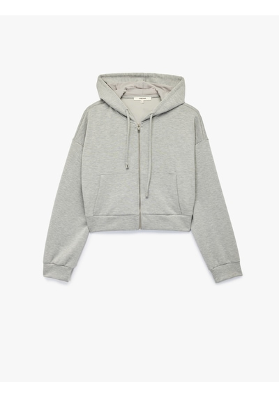 Koton Modal Kumaş Cepli Uzun Kollu Fermuarlı Kapüşonlu Sweatshirt Gri Melanj 6wak10073ek Gri Melanj