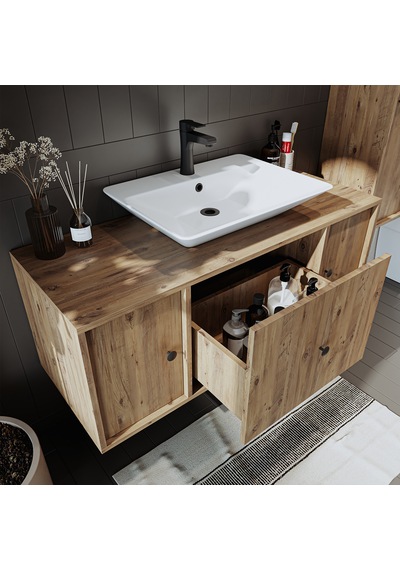 Lavabolu Mdf 120 Cm Çekmeceli Banyo Dolabı + Aynalı Üst Dolabı Atlantik Çam