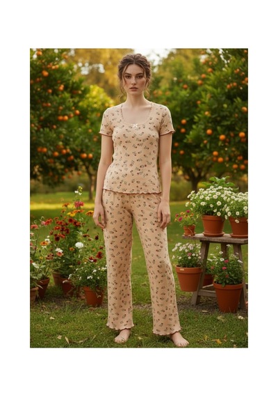 Siyah İnci Dantelli Fitilli Kaşkorse Örme Pijama Takım 26120552 Ten Rengi