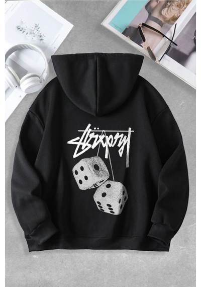 Macklin Unisex Kadın Erkek Graffiti Zar Özel Tasarım Baskılı Kapşonlu Sweatshirt Siyah Mck0898 Siyah