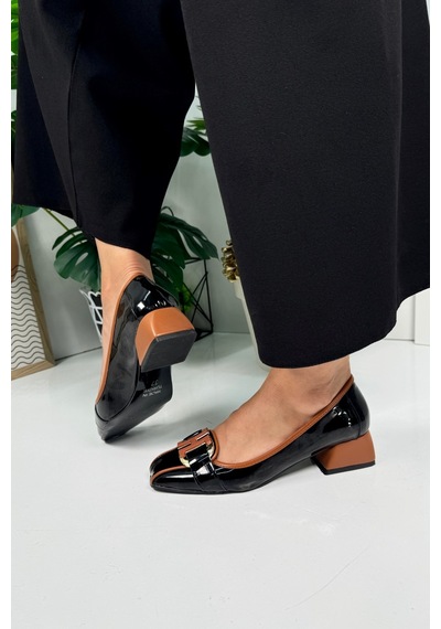 Günlük Kadın Loafer Topuklu Toka Ve Dikiş Detaylı Küt Burunlu Ayakkabı 6002 Siyah Taba Rugan Günlük Kadın Loafer Topuklu Toka Ve Dikiş Detaylı Küt Burunlu Ayakkabı 6002 Siyah Taba Rugan