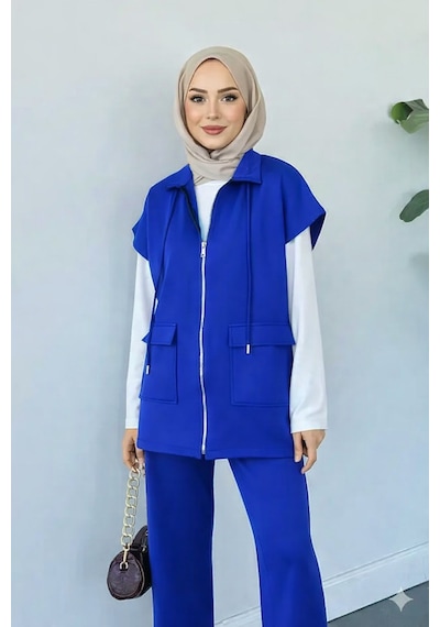 Unika Boutique Kadın Yelek Pantolon İkili Tesettür Takım Scuba Rahat Kesim 4 Mevsim - Günlük Saks