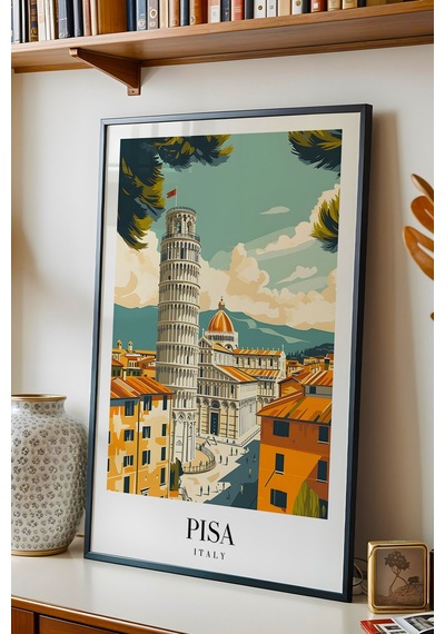 Pisa Italy Vintage Seyahat Posteri Çerçeveli Tablo - Premium Eğik Kule Elit Duvar Dekoru Siyah