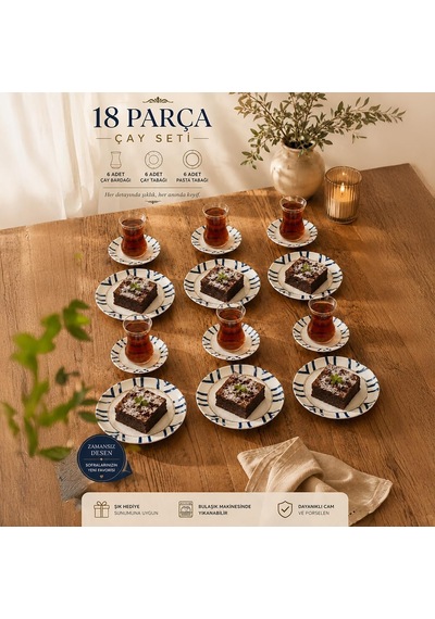 Yasemin Dicle 18 Parça 6 Kişilik Porselen Pasta Ve Çay Takımı Çizgili Lüks Sunum Seti Çok Renkli