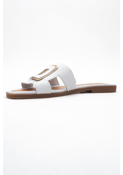 Luvishoes Millie Beyaz Hakiki Deri Tokalı Kadın Terlik Beyaz