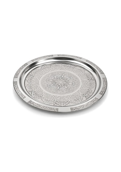 Binbir Trend 27 Cm Otantik Desenli Krom Çelik Kebap, Izgara, Meze Ve Servis Tabağı 1 Adet Gümüş