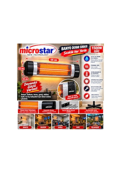 Sun 1500w Banyo Duvar Sobası Suya Ve Neme Dayanıklı 50 Cm Elektrikli Infrared Isıtıcı Siyah - 939564510