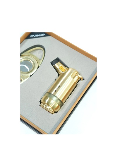 Parmida 3 Torch Gold Masa Tipi Çakmak Fırçalı Gold Kesici İkili Puro Seti Tr9857