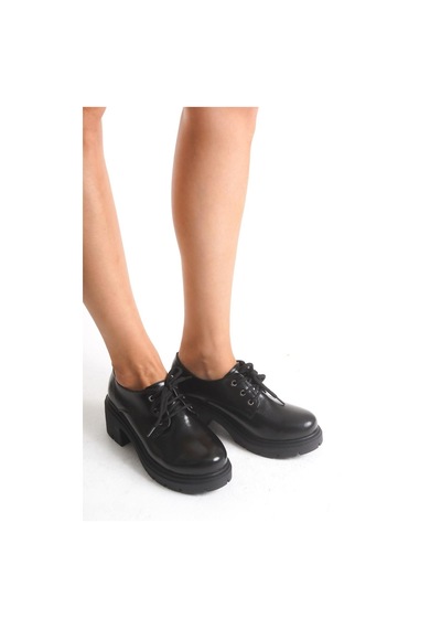 Aymood K-707 Siyah Kırışık Rugan Yüksek Tabanlı Bağcıklı Loafer Ayakkabı Siyah