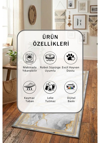 Perlavista Salon Mutfak Yatak Odası Yıkanabilir Yolluk Açık Gri