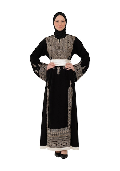 Zaytoon Filistin Nakışlı Modern Siyah Kaftan Elbise - Geleneksel Şıklık Gold