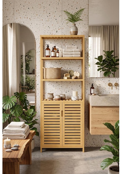 Bambu Banyo Dolabı 6 Raflı Kapaklı Salon Mutfak Çalışma Odası Dolabı Kitaplık Düzenleyici Bej Bambu Banyo Dolabı 6 Raflı Kapaklı Salon Mutfak Çalışma Odası Dolabı Kitaplık Düzenleyici Bej