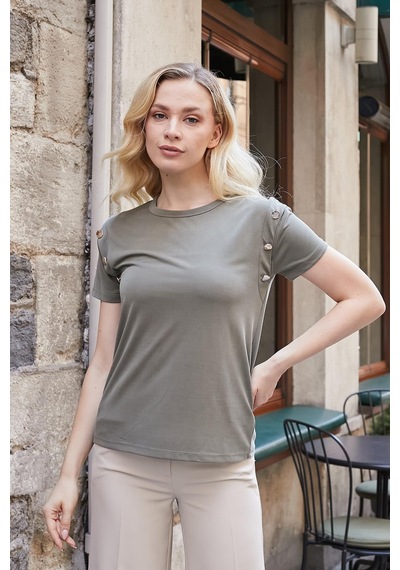Jument Kadın Kaliteli Modal Kumaş Sıfır Yaka Düğme Aksesuarlı Kısa Kol T-shirt Bluz-haki Haki Jument Kadın Kaliteli Modal Kumaş Sıfır Yaka Düğme Aksesuarlı Kısa Kol T-shirt Bluz-haki Haki