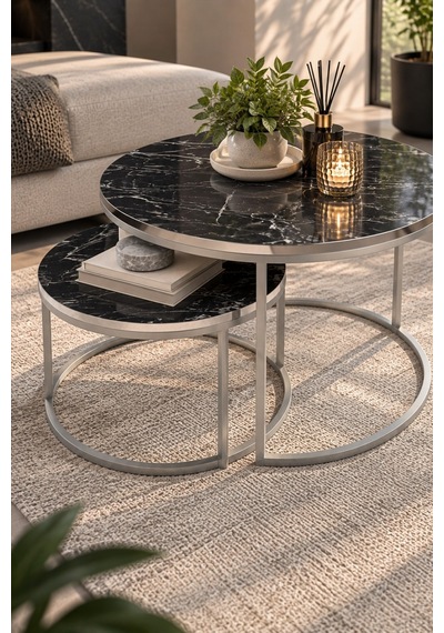 Sulorahome Gümüş Metal Ayaklı Siyah Mermer Desenli 2'li Orta Sehpa Seti