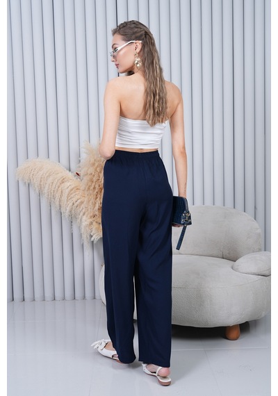 Polologin Butik Beli Bağcıklı Yüksek Bel Bol Paça Lacivert Pantolon Turkuaz