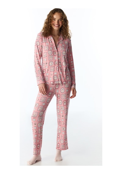 Penti Pembe Postcard Fitilli Uzun Kollu Gömlek Pantolon Pijama Takımı Pk32