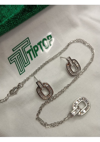 Tiptop/ Gümüş Renk Zirkon Taşlı Baget Kolye Ve Küpe Set Gümüş