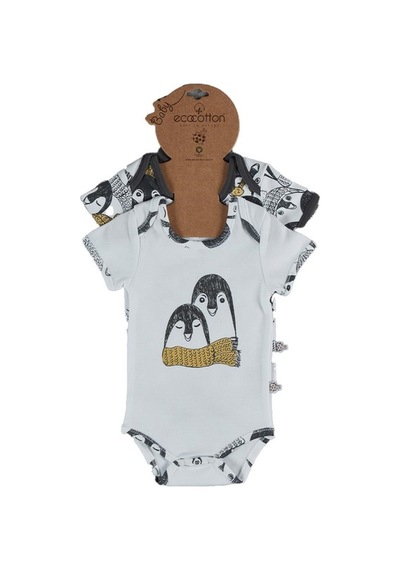 Veropukahome Ecocotton Pingu Erkek Bebek Zıbın Seti Kısa Kollu 2'Li Beyaz-Antr-0-3 Ay Beyaz