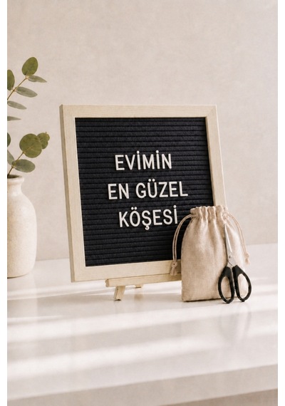 Woodart Premium Letter Board Seti, Mat Gece Siyahı Keçe Yüzeyli Doğal Çam Ahşap Yazı Panosu Şövale Standlı Dekoratif Set Siyah
