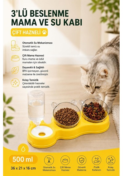 Çift Hazneli- 3' Lü Beslenme Mama Ve Su Kabı Sarı 500ml 36 21 16 Cm Çok Renkli