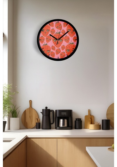 Soyut Çilek Meyve Modern Tasarım Duvar Saati - 25cm - Önü Camlı Siyah Kasa - Sessiz Mekanizma-jh0121 Siyah