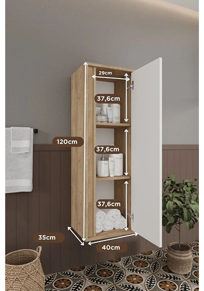 Banyo Gül 120 Cm Beyaz %100 Mdf Banyo Boy Dolabı Beyaz Meşe