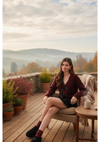 Lela Premium Regular Fit V Yaka Fiyonk Bağlama Detaylı Örgü Desenli Triko Bayan Hırka 680Kz1947 Bordo