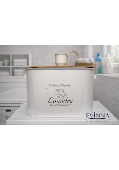 Evinna Bölmeli Metal Kapaklı Ölçekli Toz Deterjanlık, Laundry Baskılı Beyaz Çamaşır Detarjanlığı