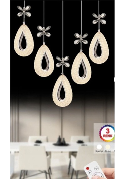 Damla 5 Li Gümüş Yemek Masası Üstü 3 Renk Ledli Kumandalı Modern Sarkıt Led Avize