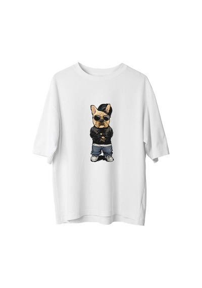 Paybuy Erkek Oversize Tişört Güneş Gözlüklü Köpek Baskılı Sokak Modası R Beyaz