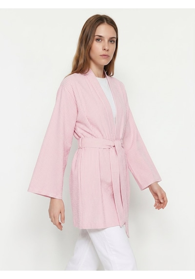 Saade Sââde Kadın Dikey Çizgili Geniş Kollu Şık Yazlık Relaxed Kimono Pembe