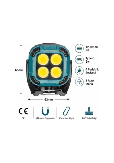 İdragon W8129-4 Şarjlı Cob Led Çalışma Lambası Mıknatıslı & Askı Klipsli Acil Durum Feneri