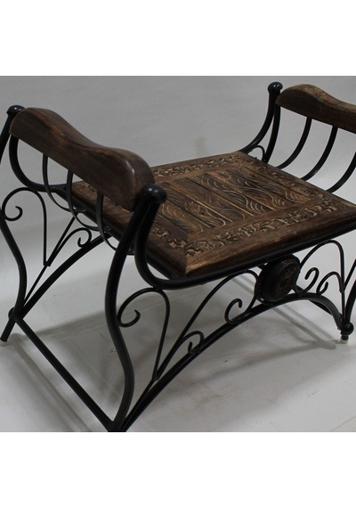 Eskitme Ahşap Ferforje Puf Tabure 64x31x43 Cm. Kna250 Eskitme Siyah