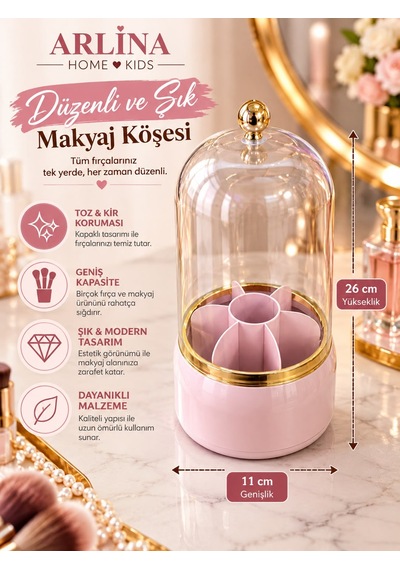 7 Bölmeli Kapaklı Pembe Makyaj Fırçası Ve Kozmetik Organizeri