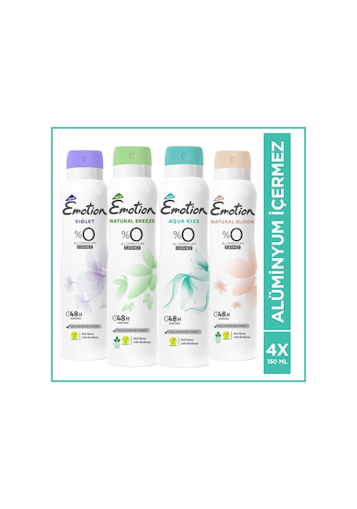 Emotion Aqua Kiss + Natural Breeze + Natural Bloom + Violet Kadın Sprey Deodorant 4 x 150 ML