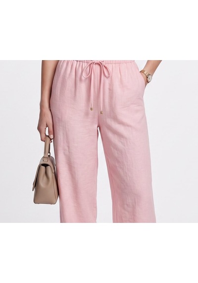 Ayhan Kadın Keten Karışımlı Geniş Paça Beli Bağcıklı Crop Pantolon 26ykrb71537 Pembe
